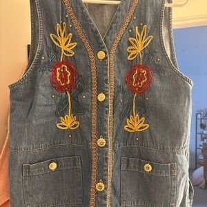 Embroidered Denim Vest with Floral Design